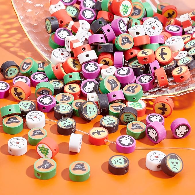 SUNNYCLUE 1 Box 200Pcs Halloween Polymer Clay Bead Ghost Skull Face Bat Handmake Polymer Clay Beads Pumpkin Flat Round for Jewelry Making Charm Earring Choker Bracelet Necklace Random Pattern