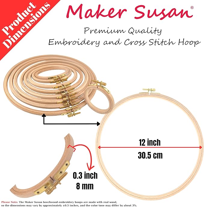 maker susan 12" wood embroidery hoop, round beechwood cross stitch hoop with adjustment brass screw, cross stitch hoops and frames, suitable for embroidery, craft sewing (12 inch)