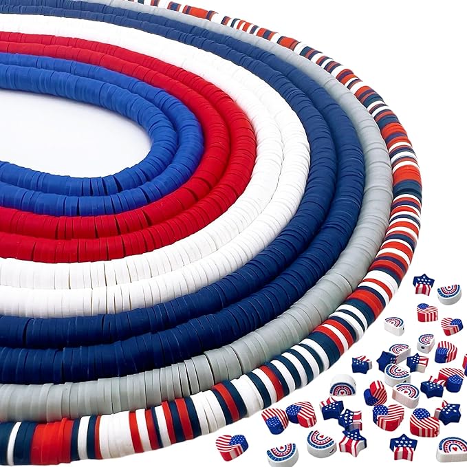 3600 PCS 10 Strands Red White and Blue Clay Beads for Jewelry Making, Clay Charms, Vinyl Heishi Beads 6mm for Surfer Bracelets Necklace Making (4th of July Scheme)