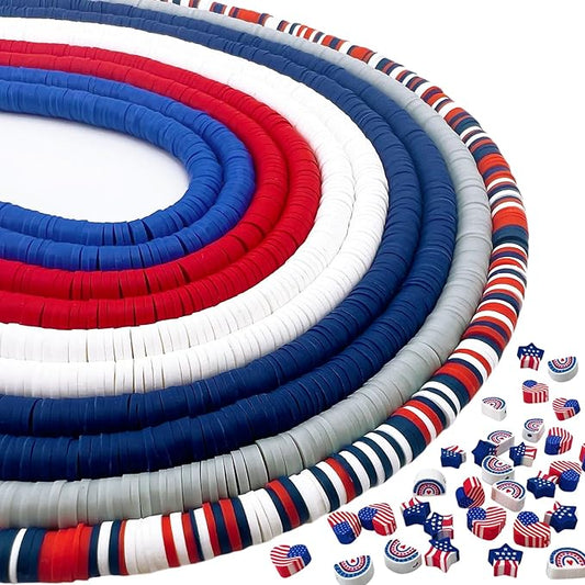 3600 PCS 10 Strands Red White and Blue Clay Beads for Jewelry Making, Clay Charms, Vinyl Heishi Beads 6mm for Surfer Bracelets Necklace Making (4th of July Scheme)