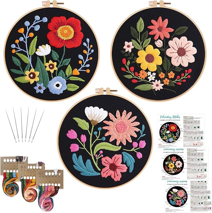 louise maelys 3 sets flowers embroidery kits for beginners,cross stitch kit for adults,crewel starters needlepoint with floral pattern,hoop,threads and instruction