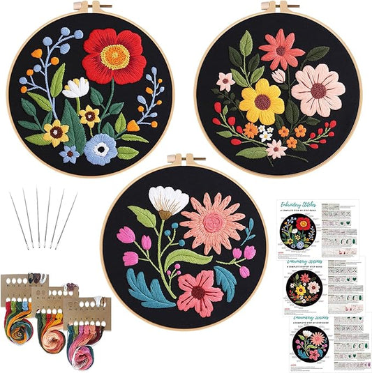 louise maelys 3 sets flowers embroidery kits for beginners,cross stitch kit for adults,crewel starters needlepoint with floral pattern,hoop,threads and instruction