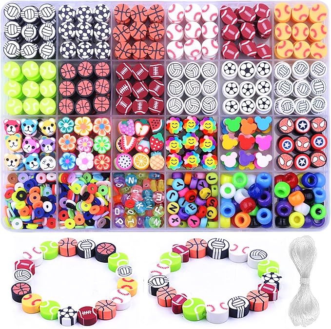 BBita 1000PCS Sports Polymer Clay Beads Bracelet Making kit, 24 Style Cute Fun Ball Beads Baseball Basketball Soccer Rugby Volleyball Football Charms, DIY Bracelet Making kit
