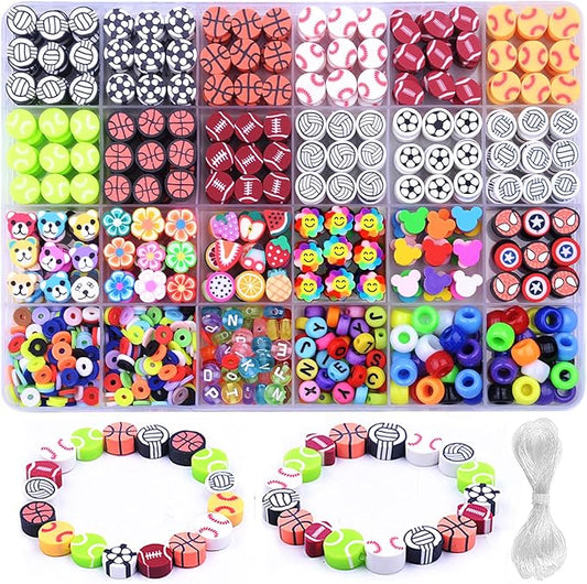 BBita 1000PCS Sports Polymer Clay Beads Bracelet Making kit, 24 Style Cute Fun Ball Beads Baseball Basketball Soccer Rugby Volleyball Football Charms, DIY Bracelet Making kit