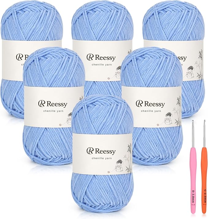 Skinny Chenille Yarn for Crocheting - 6 Pack of 50g/158yd (948yd Total) - Soft Matte Thin Chenille CYC #2 - Fine Weight Baby Yarn for Plush Toys, Baby Blankets & Small Crafts(Light Blue)