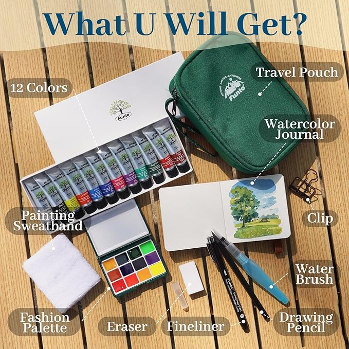 Funto Mini Watercolor Travel Set, 12-Color Refillable Travel Art Kit, All-in-One Mini Paint Supplies with Bag, Art Craft for All, Portable Water Color Paint for Beginners, lovers and Artists
