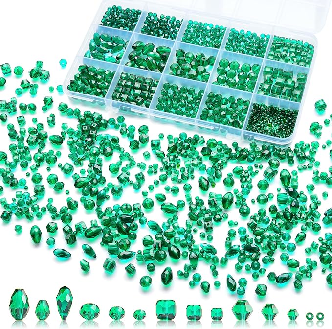 1500 Pcs Crystal Glass Beads for Jewelry Making – 12 Styles Bicone, Rondelle, Cube, Teardrop & 3mm Spacer Beads, DIY Bracelet Necklace Earring Craft Kit(Malachite Green)