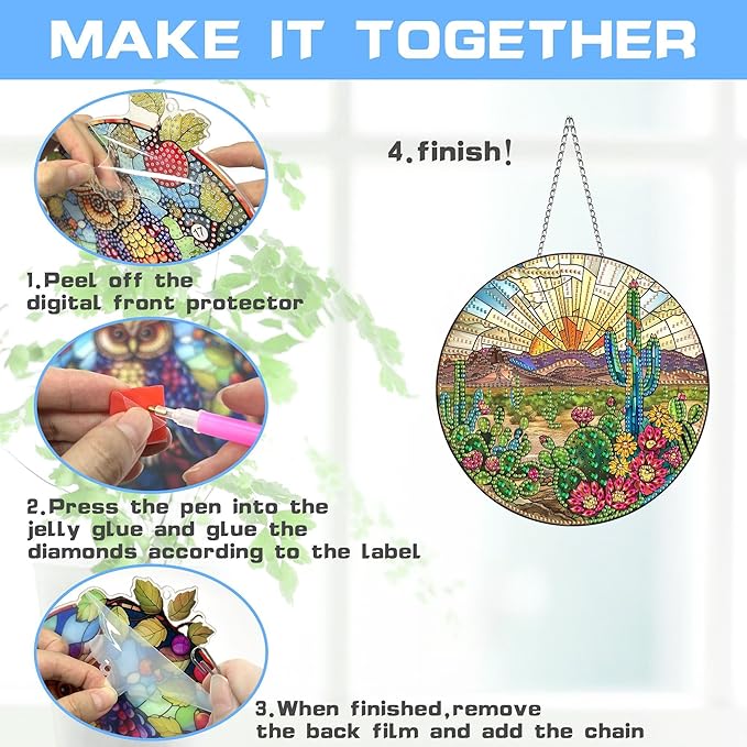VAIIEYO 5D Cactus Diamond Art Hanging Ornament, Plant Diamond Painting Suncatchers Window Hanging Kit with Chain, 7.5x7.5 inch Crystal Pendant Art Craft for Gift Home Wall Front Door Decoration