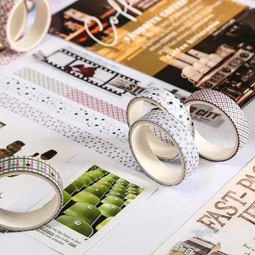 60 Rolls Cute Washi Tape Pack Basic Mini Adhesive Tapes Stars, Plaids, Florals, Grids & Dots Patterns Decorative Masking Tape Sets for Craft, Kids, Scrapbook, DIY, Gift Wrapping (Basic)