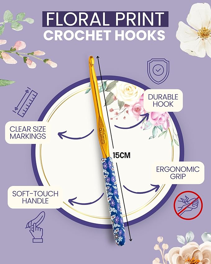 The Quilted Bear Floral Crochet Hook Set - 12 Ergonomic Soft Grip Crochet Hooks Set with Light Polymer Clay Handle for Comfortable Crocheting & Knitting (2mm-8mm)