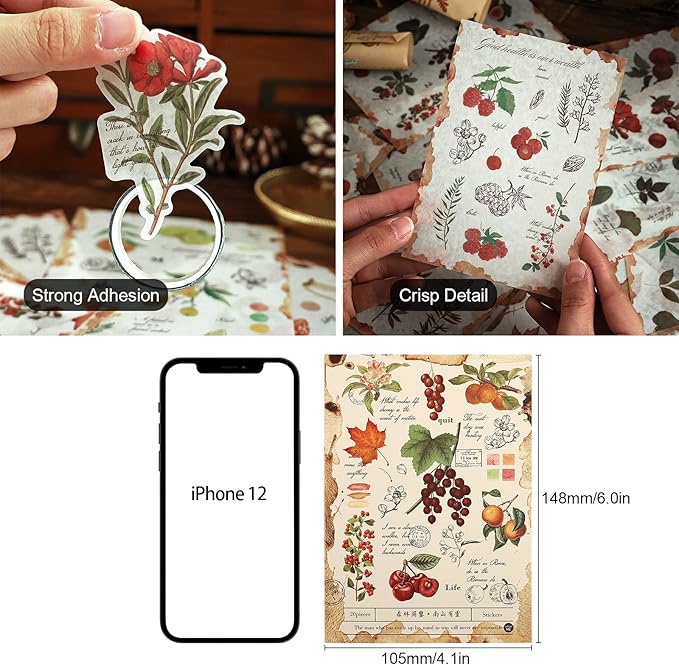 Dizdkizd Nature Botanical Stickers for Journaling, Ephemera Sticker Book, Translucent Washi Sticker for Scrapbooking - 20 Sheets (200 Pieces)