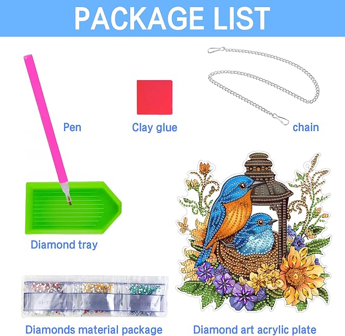 VAIIEYO Bird Diamond Art Hanging Ornament, Flower Diamond Painting Suncatchers Window Hanging Kit with Chain, 7.5x7.5 inch Crystal Pendant Art Craft for Gift Home Wall Front Door Decoration