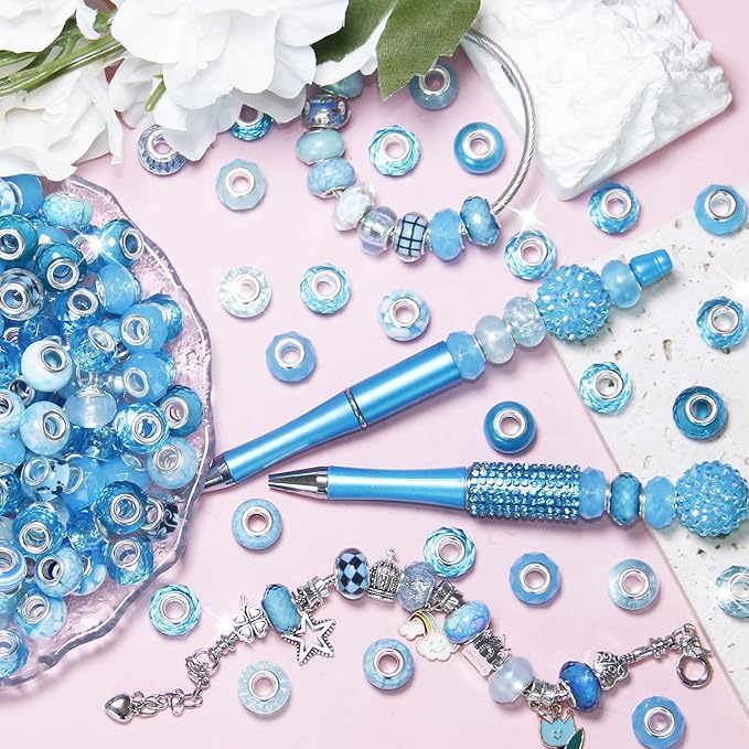 200Pcs Large Hole Beads Spacer Beads Sky Blue Assorted European Craft Big Beads Large Hole Lampwork Murano Bead Fairy Wand Garden Bead for DIY Bracelet Necklace Jewelry Making Decoration Supplies