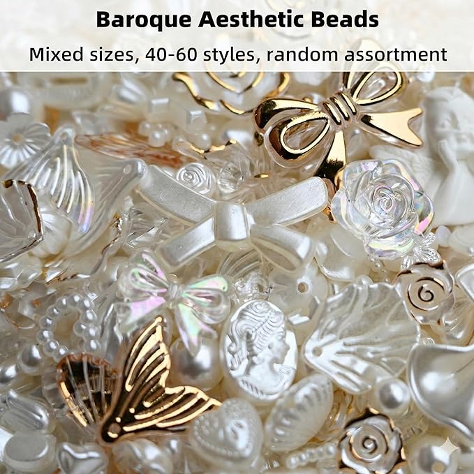 Baroque Pearl Beads for Junk Case Charms Kit,Assorted Aesthetic Y2K Beads with Holes, Vintage Relief Flower Bow Angel Charms for DIY Phone Charms, Bracelet Jewelry Making Decor Supplies, White & Gold