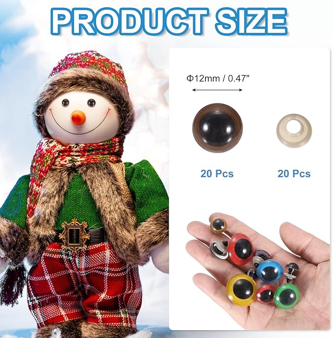 PATIKIL 12mm Safety Eyes, 20Pcs Realistic Doll Crocheting Safety Eyes with Washers for Decor Crochet Accessories Dolls Craft Halloween, Brown