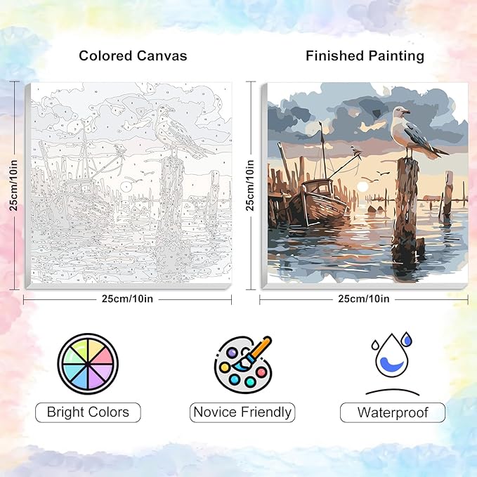 Yezavesu Framed Paint by Numbers Kit for Adults Beginner & Kids Ages 8-12, Seagull Paint by Numbers Without Easel, DIY Number Painting for Adults Sunset for Home Wall Decor Gift 10x10 inch