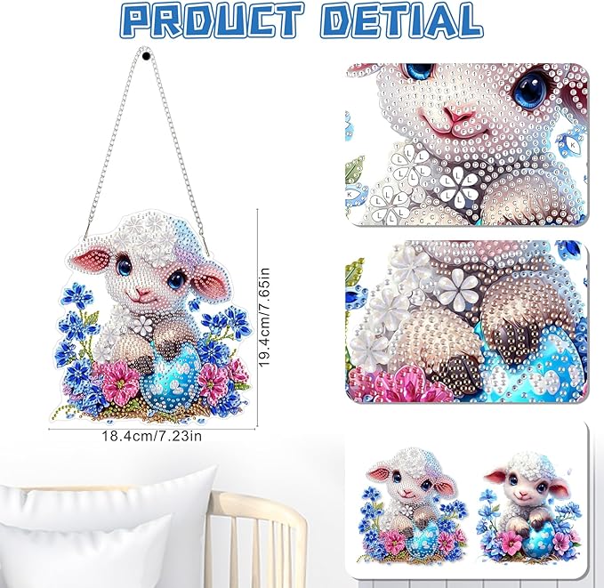 KEYIFA Lamb Hanging Diamond Art Painting Kits for Adults and Kids Age 8-12, 5D Special Shape Diamond Dots Kit Easter Crystal Gem Painting Art Crafts for Window, Wall, Door, Garden Decor