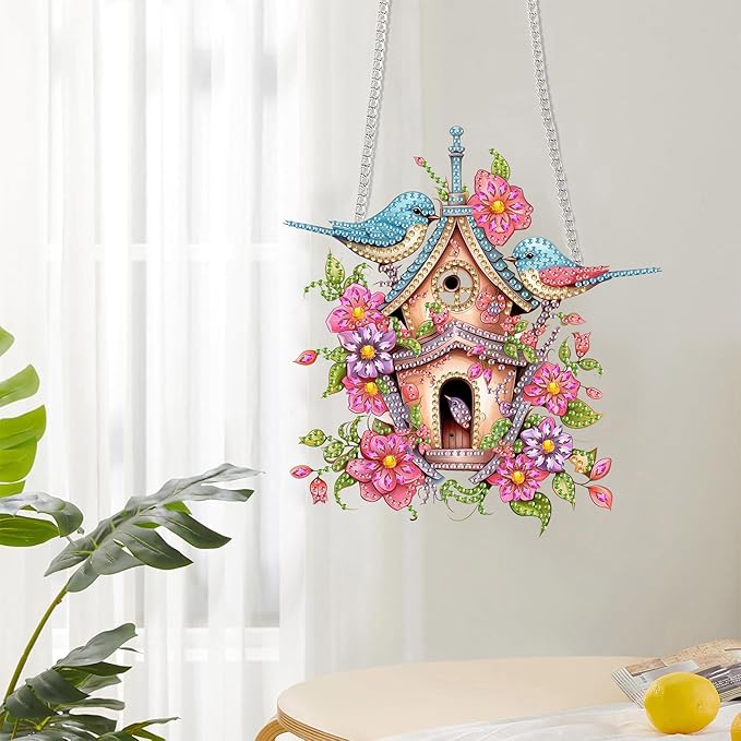 Reofrey Spring Hanging Diamond Art Kits for Adults Birds – 8x8Inch Hanging Ornament Acrylic Board Double Sided Pattern Crystal Diamond Art Suncatcher Pendant, for Home Wall Window Decor Handmade Gift