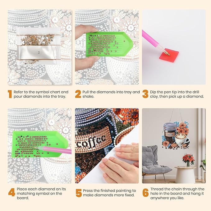 MXJSUA Coffee Flowers Diamond Art Hanging Kits for Adults Beginners, DIY Acrylic Special Shaped Crystal Diamond Gem Drills Pendant Art Painting Ornament for Home Wall Decor Gift
