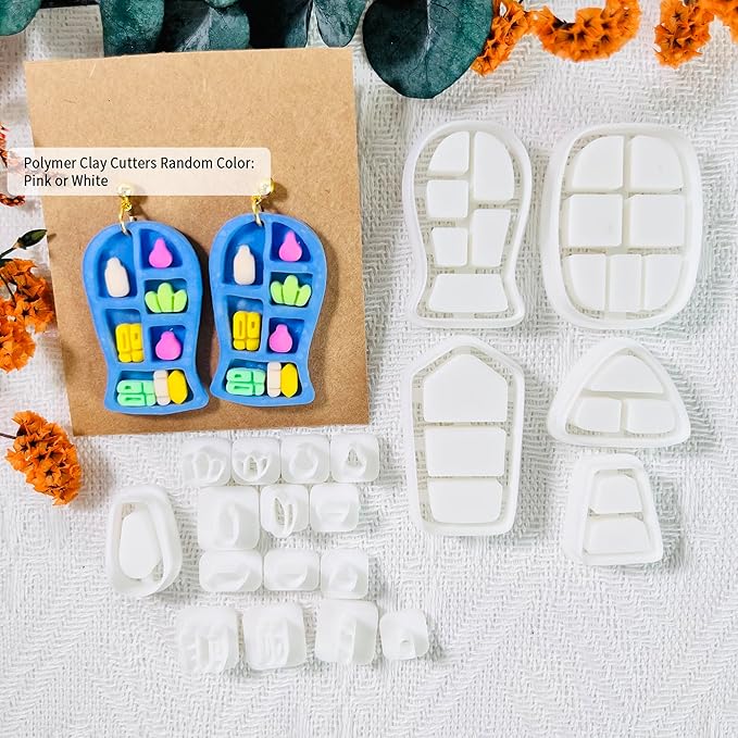 Xaekicr 20pcs Polymer Clay Cutters Display Shelf Set – Miniature Clay Cutters for Polymer Clay Jewelry, Bookshelf Earring Molds with Bottles, Pots and Bowls, Clay Tools for DIY Accessories