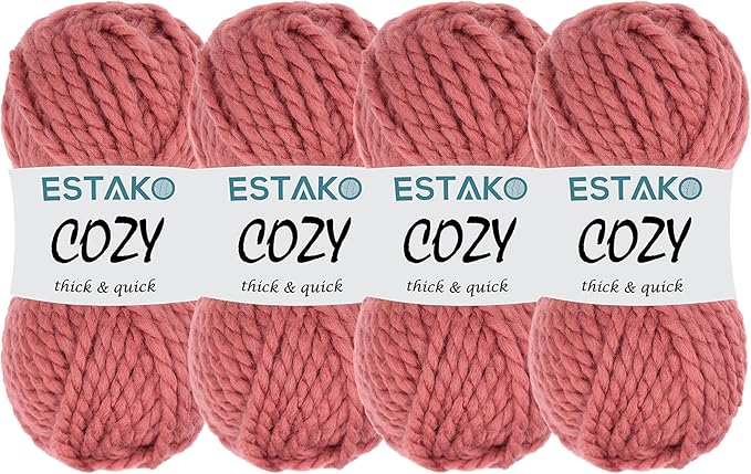 Estako Cozy Thick & Quick Yarn 20% Wool 80% Acrylic Soft Super Bulky Weight #6 Knitting and Crocheting Yarn (4 x 3.52 Oz) / (4 x 65 Yrds) (53100-Dark Rose)