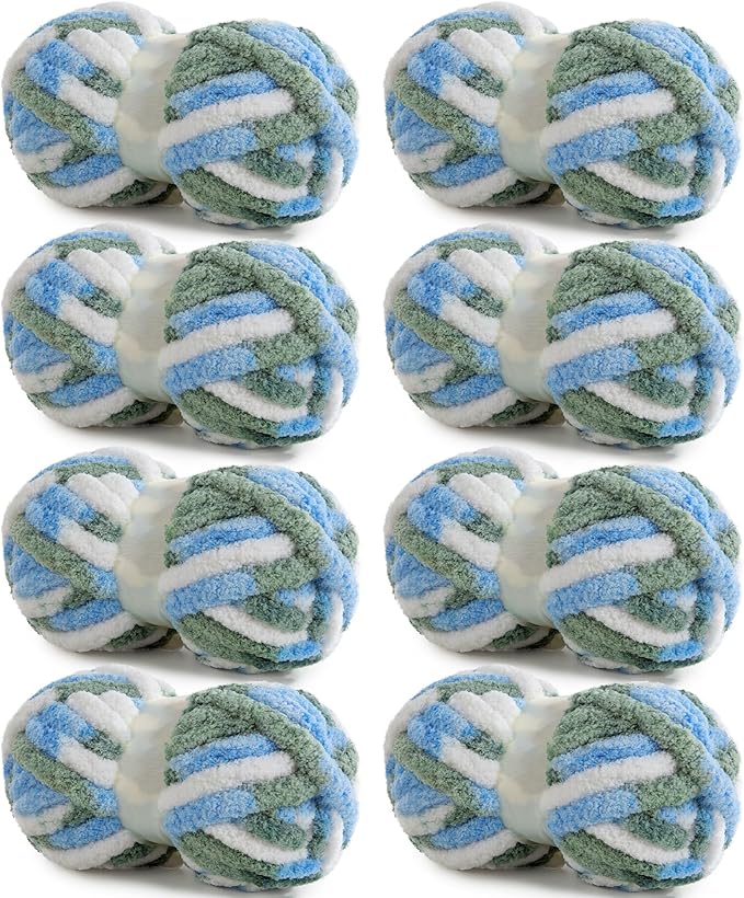 HOMBYS Chunky Tie Dye Mix Chenille Yarn for Hand Knitting, Super Bulky Jumbo Yarn for Crocheting, 3/4" Thick Soft Plush Yarn for Blankets, 8 Skein Pack (26 yds / 7.5 oz Each) Sky Blue,Green,White