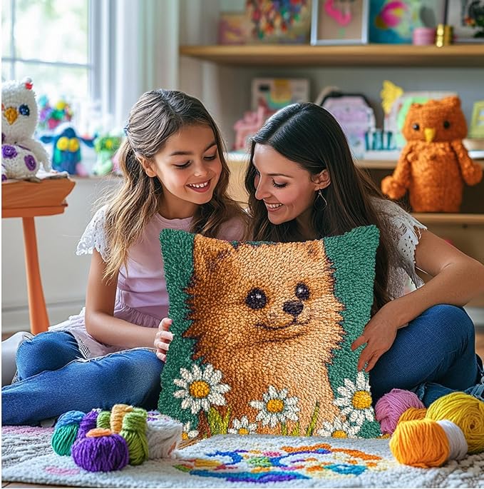 DIY Latch Hook Pillow Kits for Adults Cute Pomeranian Dog and Daisy Printed Pillowcase Crochet Yarns Hooking Handmade Pillow Cover Cushion for Home Sofa Decor 17x17inch(1)