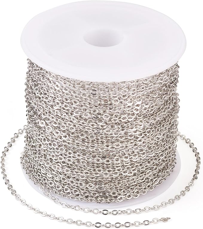 Sparkeads 32.8 Feet 10M Platinum Chains Iron Flat Oval Cable Chains Metal Link Chains Soldered with Spool Bulk for Jewelry Craft Necklace Lanyard Bracelet DIY Women Earring Valentine