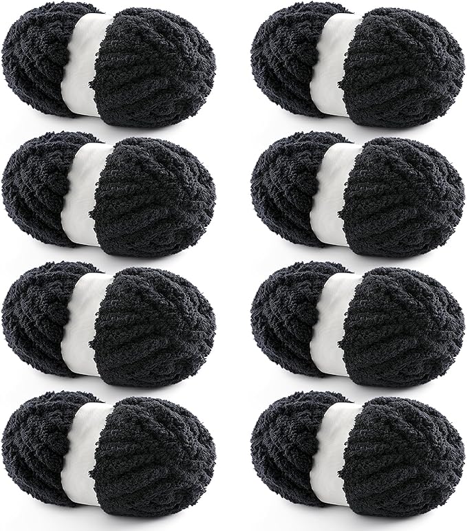 8 Pack Chunky Yarn for Hand Knitting - Chunky Chenille Blanket Yarn for Crocheting - Jumbo Fluffy Yarn for Crochet - Super Bulky Yarn 25 yds 7.7 oz Each Skein (Black)
