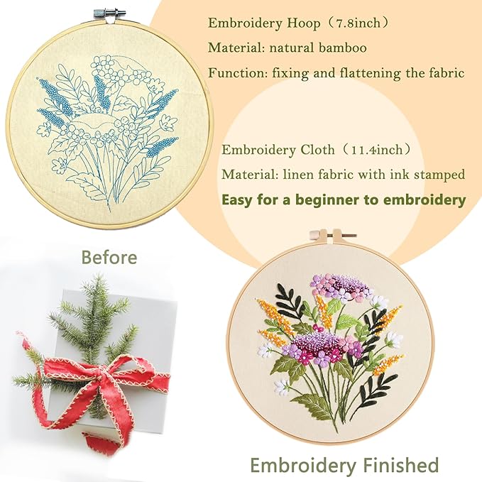 Picoey Flower Embroidery Kit for Beginners with Flower Pattern and Instructions,4 Pack Cross Stitch Kits,2 Wooden Embroidery Hoops,Threads and Needles,Needlepoint Kit for Adults