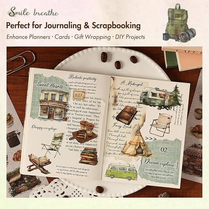 Vintage Coffee Washi Stickers for Scrapbooking – 270+ Aesthetic Cafe, Food, Dessert, Baking & Camping Stickers for Journals, Planners & DIY Crafts