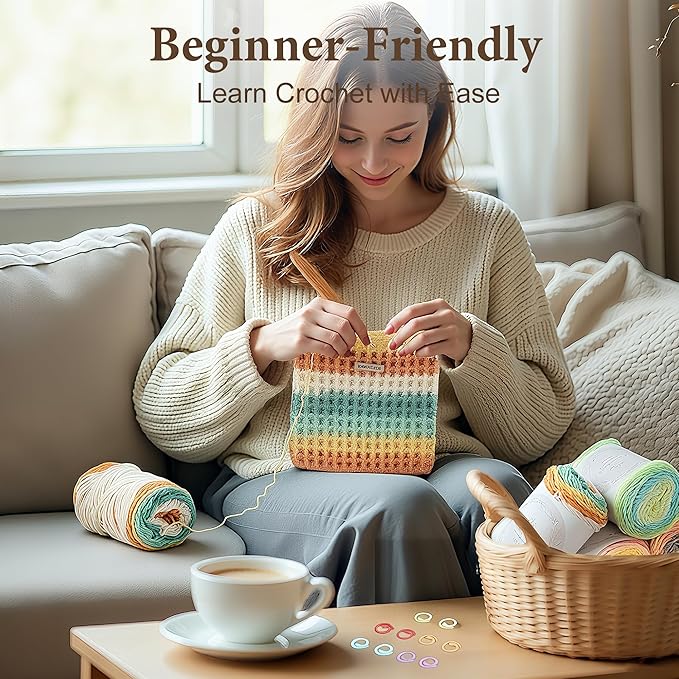 CrochEaze Crochet Kit for Beginners, Crochet Tote Bag Set with Step-by-Step Video Tutorials, Including Gradient Color Yarn, Crochet Hook, Heart-Shaped Bag Strap (Pouch-Yellow)