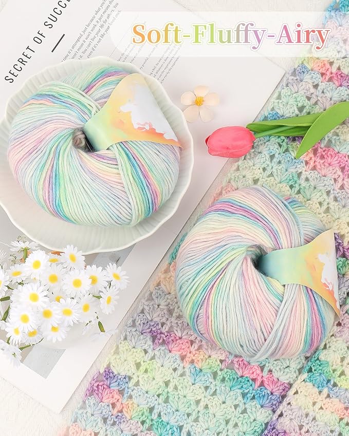 Coopay Yarn for Crocheting Knitting, Gradient Cake Yarns, 2 × 3.53oz - 240yds - 50% Cotton 50% Acrylic Ombre Yarns, Gradient Crochet Yarn for Blankets, Shawls, Scarves (203 Watercolor)