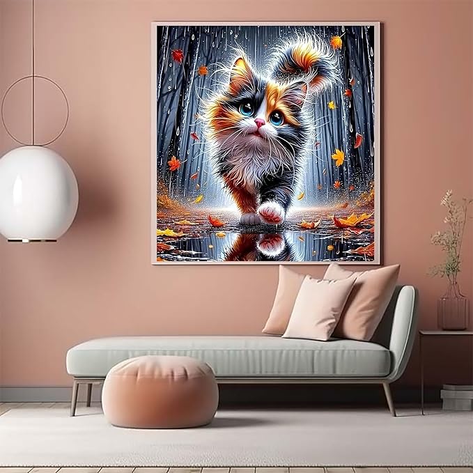 CZYWJMEI 5D Fall Diamond Painting Kits for Adults Beginners,DIY Cat Diamond Art,Full Round Drill Diamond Dot Gem Art Kits,Home Wall Decor 16x16 Inch