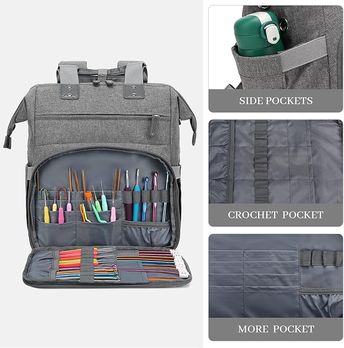 LTINVECK Crochet Backpack,Knitting Bag Backpack Yarn Storage Organizer Travel Crochet Bag,Large Yarn Tote Bag Yarn Holder Case for Knitting Needles,Crochet Hooks,Crochet Accessories,Grey