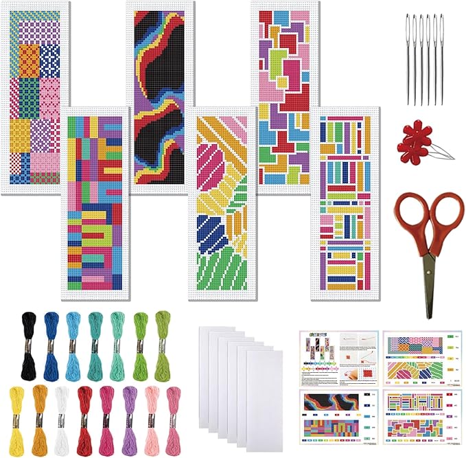 FREEBLOSS 6 Set 11CT Cross Stitch Bookmarks Kit Abstract Color Stamped Cross Stitch Kit DIY Embroidery Bookmark Set with Instruction for Adults Beginners 20x6cm/8x2.4inch