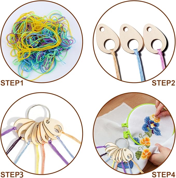 Nicunom 200 pcs Floss Drops Cross Stitch, Wood Bobbins with Hinged Ring Embroidery Floss Bobbins Teardrop Thread Organizer Thread Holder for DIY Craft Sewing Thread Storage, 1.9x1.3 inch