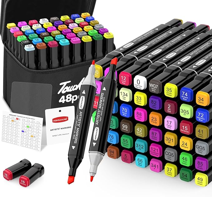 HOMESILMO 48 Color Alcohol Pen Set, Double Tip Art Adult Alcohol Pen, Mixed Sketching Art Supplies, Sketchbook, Coloring Drawing Card, Illustration Production, Brush Head and Chisel Head Double Tip