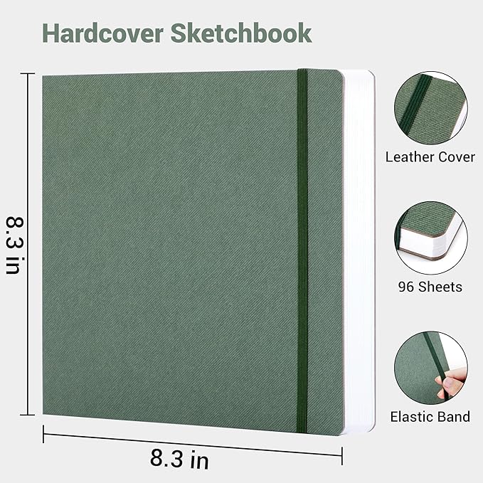 Hardcover Sketchbook for Drawing, Watercolor Sketchbook Square Book with 200 GSM Thick Drawing Paper, 192 Pages/96 Sheets Sketch Pad for Adults and Kids, Art Journal for Beginners Artists, Green