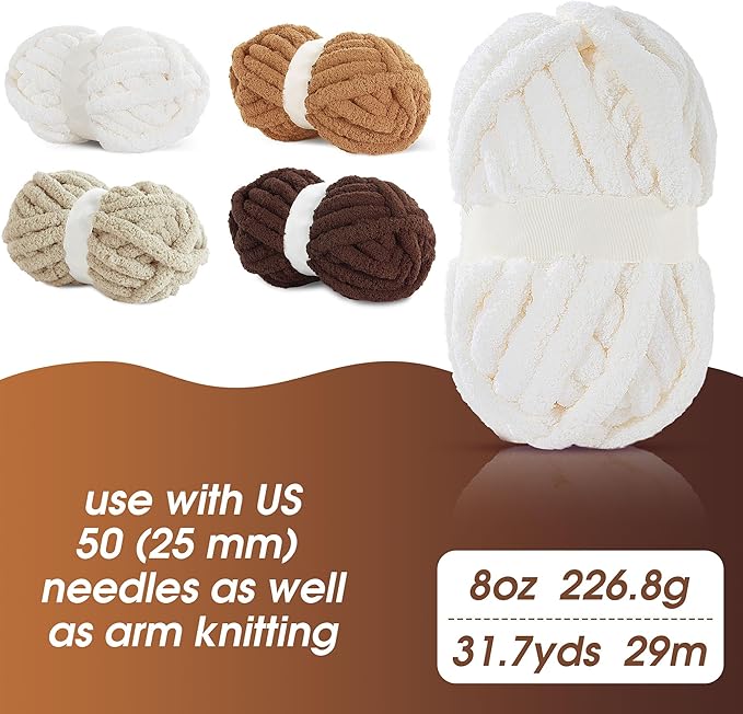 MABOZOO Assorted Chunky Yarn for Crocheting - 8 Pack, Fluffy Jumbo Chenille, Soft Plush - Giant Thick Fuzzy Yarn for Hand or Arm Knitting - Khaki Multi (31.7 yds, 8 oz Each Skein)