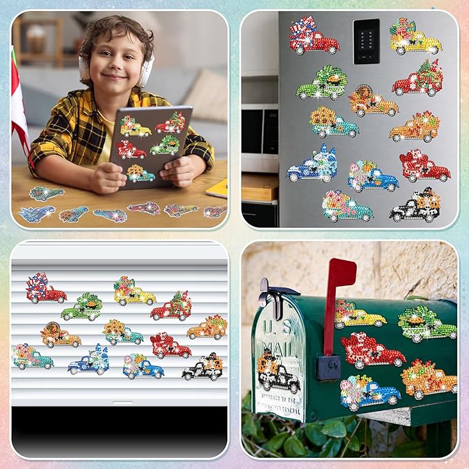 Frienda 12 Pcs Diamond Art Magnets Refrigerator Seasonal Diamond Painting Magnets Holiday Truck Easy Kits Interchangeable for Adults Beginners DIY Truck Home Decors Gifts Craft