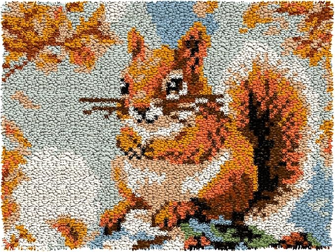 MIAOLLUN Squirrel Latch Hook Rug Kit for Adults DIY Animal Rug Making Craft Cross Stitch Cushion Crochet Yarn Kits Color Printed Canvas for Home Decor Festival Gift 20.5X15inch