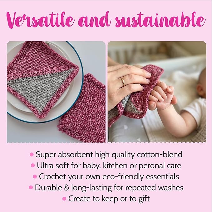 KnitPal Everyday Joy Tunisian Crochet Dishcloth Kit for Confident Beginners – Make 4 Reusable Dishcloths – Cotton Yarn, Tunisian Crochet Hook, 2 Patterns & Video Tutorials (Cherry Red + Elephant Gray)