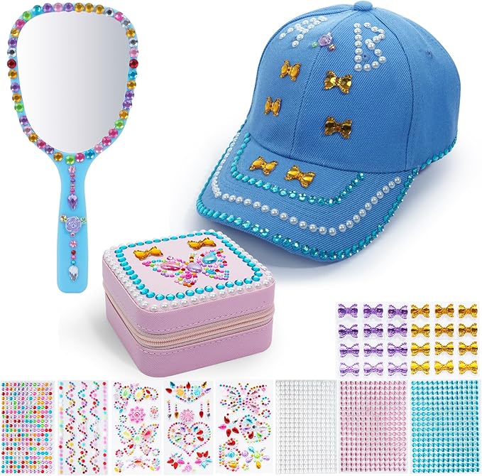 Christmas Gifts for Girls Decorate Your Own Baseball Cap with 10 Sheets Gem Stickers, DIY Arts and Crafts Kit for Kids 4 5 6 7 8 9 10 11 12 Years Old, Girls Handheld Mirror Jewelry Case (Blue)