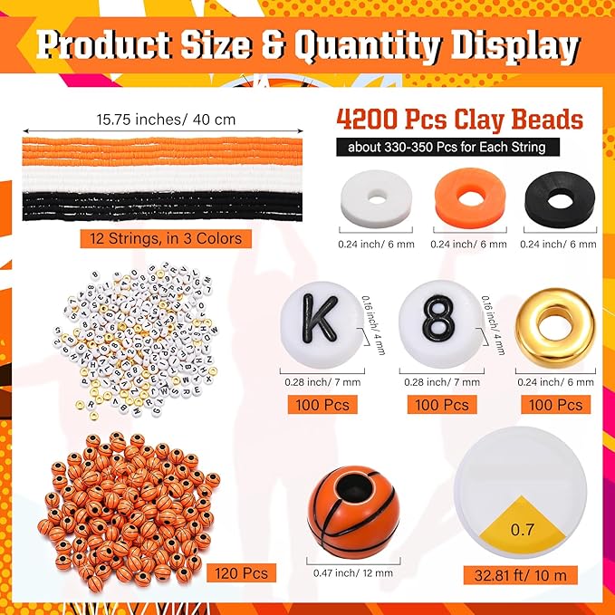 Ferreve 4200 Pcs Basketball 12 Strands Clay Beads Bracelet Making Kit, 100 Letter and Number Beads, 120 Basketball Acrylic with Gold Spacer, Charm Bracelet Kit for Sport Party