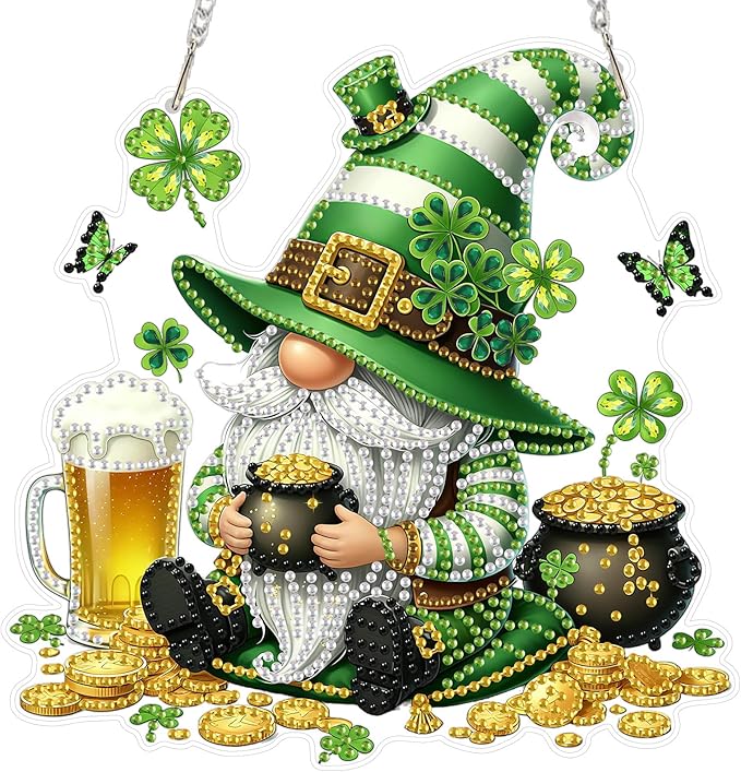 MEIYUDA St. Patrick's Day Hanging Diamond Art Kits for Adult, Beer Clover Gnome Diamond Painting Kits Ornaments, DIY Special Shaped Rhinestone Window Pendants kit for Home Garden Wall Decor Gift