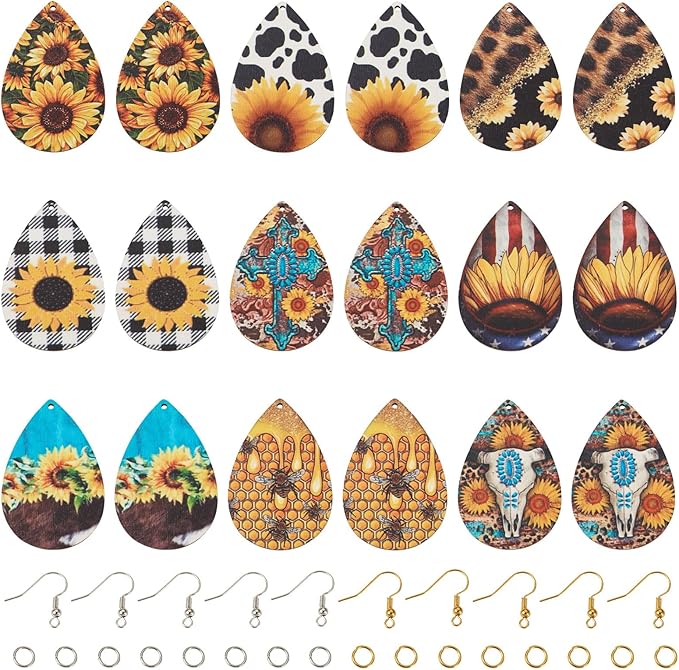 Beadthoven 18 Pairs DIY Sunflower Printed Wood Dangle Earring Making Kit Vintage Rustic Summer Flower Wood Pendants Teardrop Charms Hanging Ornaments Earring Hooks Jump Rings for Jewelry Making Adult