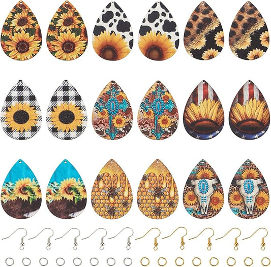 Beadthoven 18 Pairs DIY Sunflower Printed Wood Dangle Earring Making Kit Vintage Rustic Summer Flower Wood Pendants Teardrop Charms Hanging Ornaments Earring Hooks Jump Rings for Jewelry Making Adult