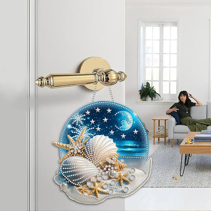 Zariocy Hanging Diamond Art Ornament Shells Kits for Adults – Special Crystal Double Sided Pendant, DIY Seaside Scenery Diamond Painting Acrylic Board Window Pendants Home Wall Hanging Decor 8x8 inch