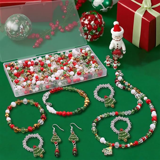 1000pcs Christmas Glass Beads for Jewelry Making Briolette Rondelle Beads Assorted Crystal Beads Loose Spacer Bead for DIY Crafts Bracelets Necklaces Earrings and Christmas Decorations